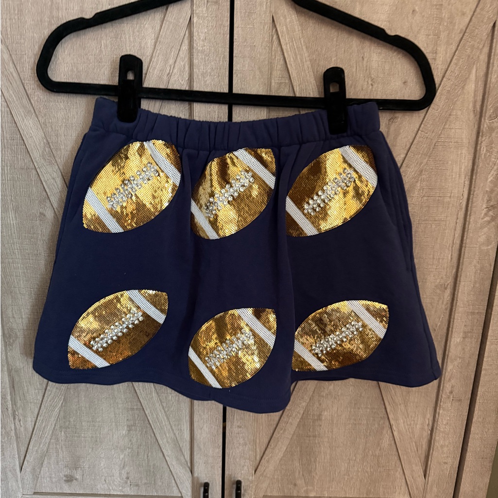 Queen Of Sparkles Navy Skirt With Gold Sequin Football Motifs